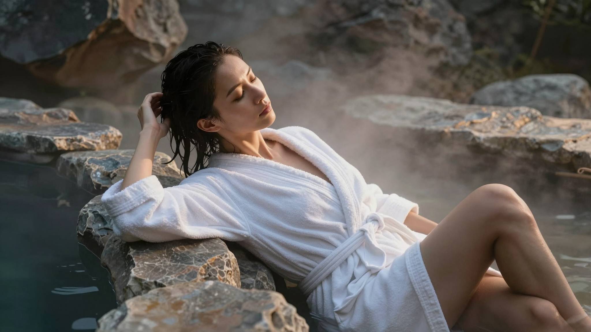 Z image AI generated dutch angle woman relaxing by hot spring