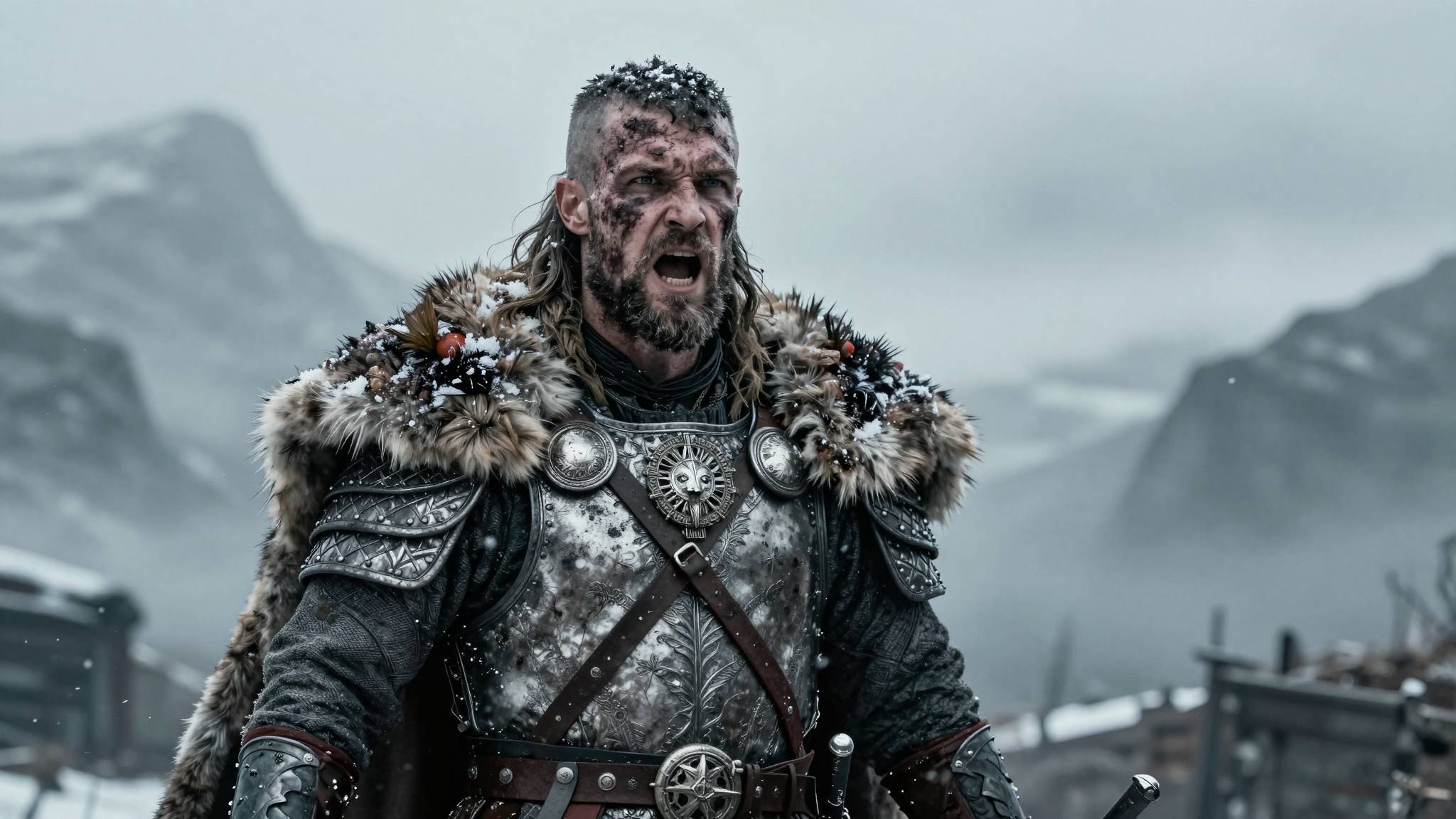 Z Image. Guerrero vikingo cinematográfico generado por IA en una tormenta de nieve con una intrincada armadura plateada y una capa de piel, una escena de batalla épica.