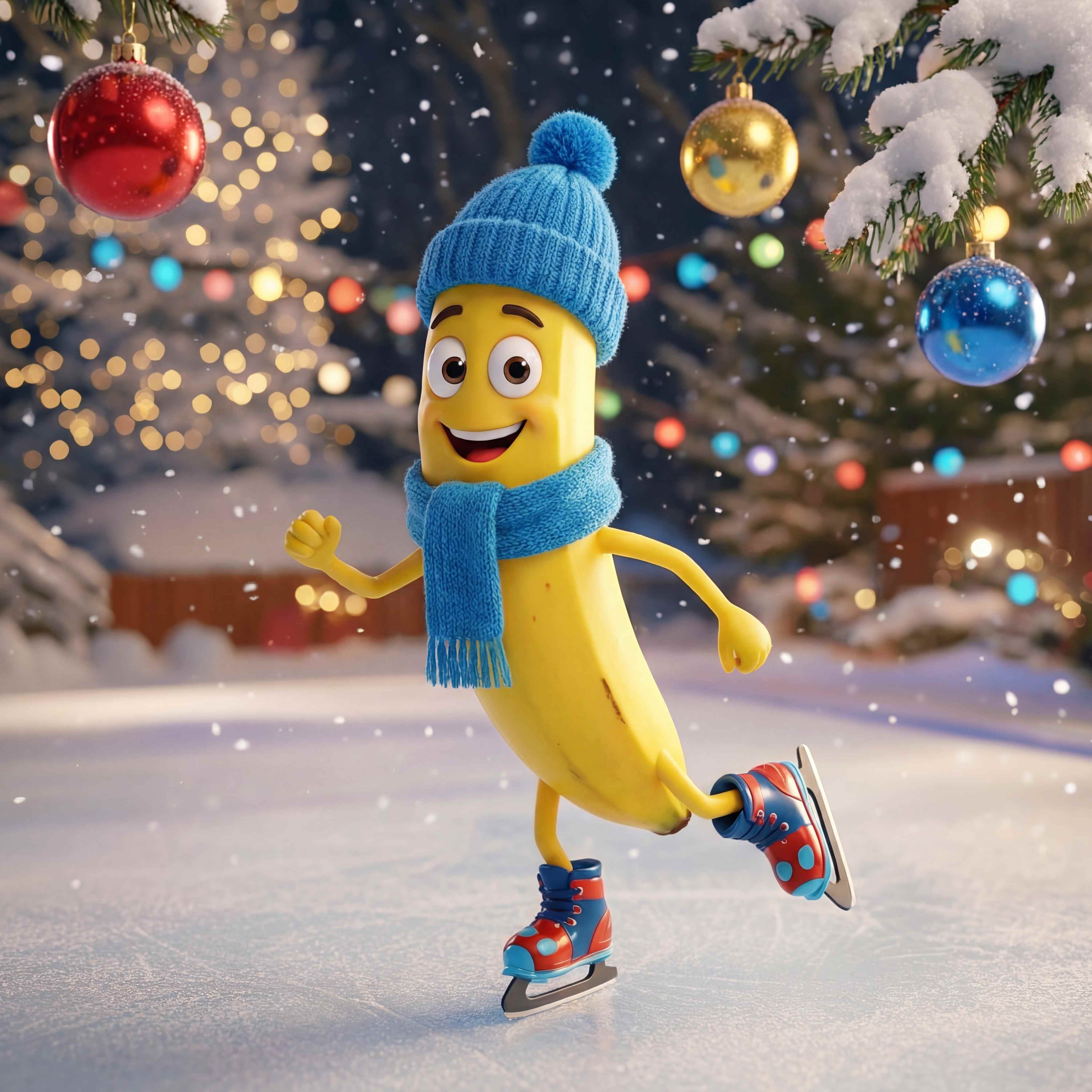 Nano Banana 2 AI-generated 3D cartoon banana character Christmas scene, ice skating pose, festive atmosphere