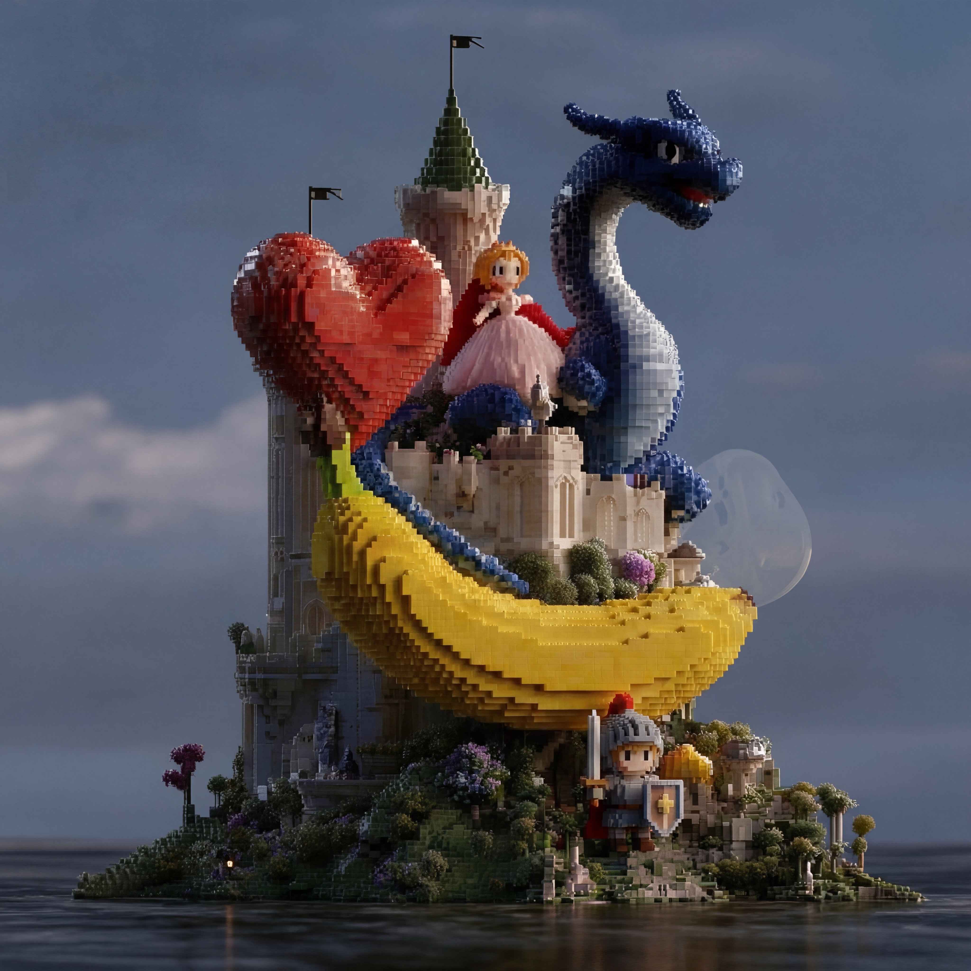 Nano Banana 2 AI-generated Minecraft style fantasy castle, voxel art architecture, princess and dragon scene