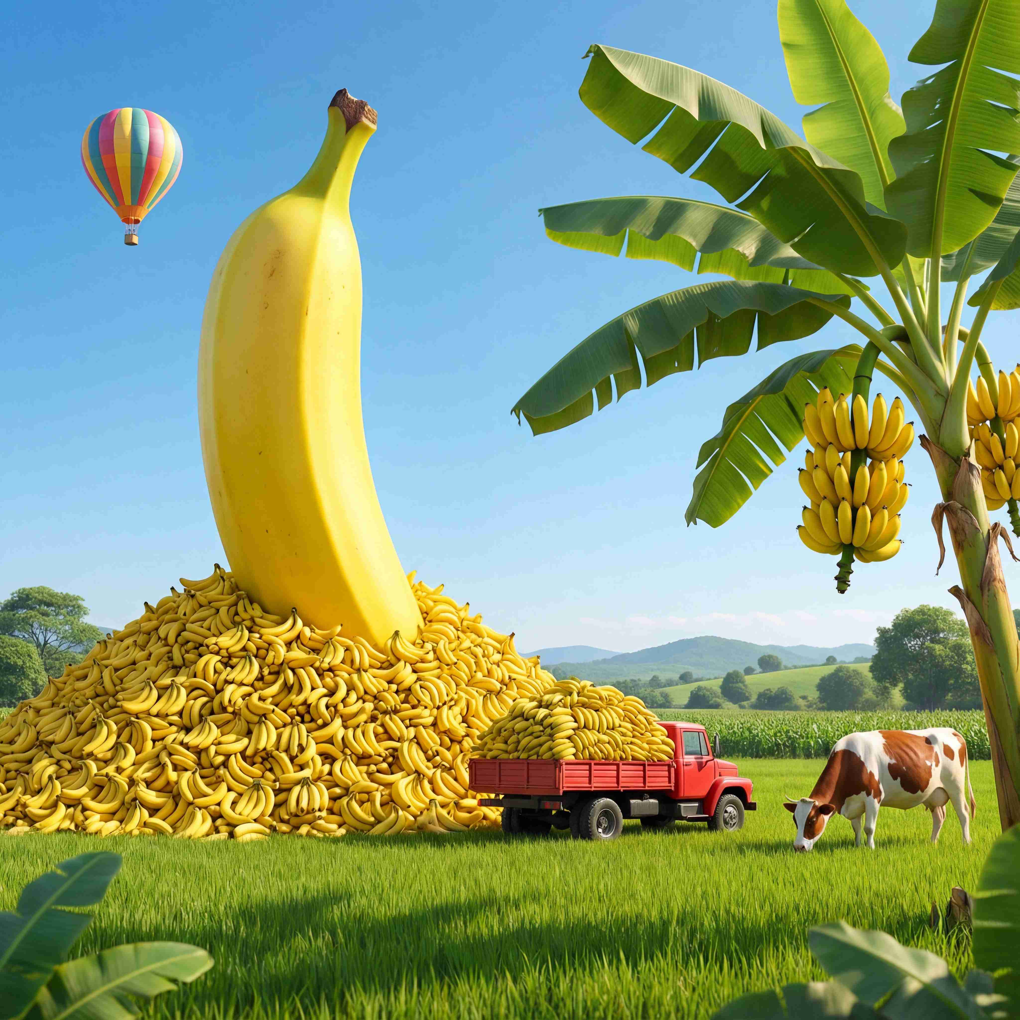 Nano Banana 2 AI-generated surreal giant banana landscape, pastoral scenery, creative composite photography