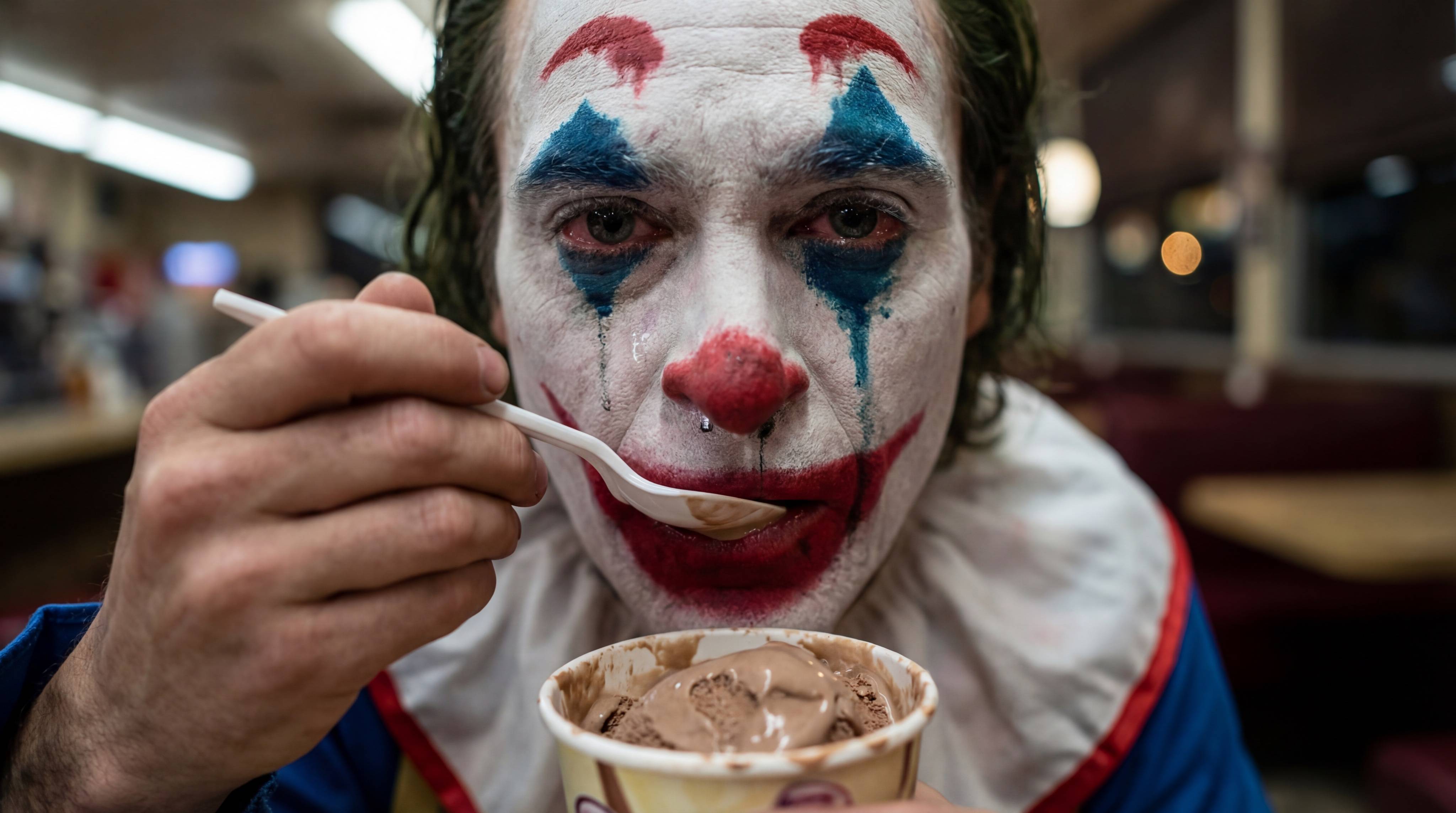 Nano Banana 2 AI-generated creative character portrait, clown enjoying ice cream, cinematic character study