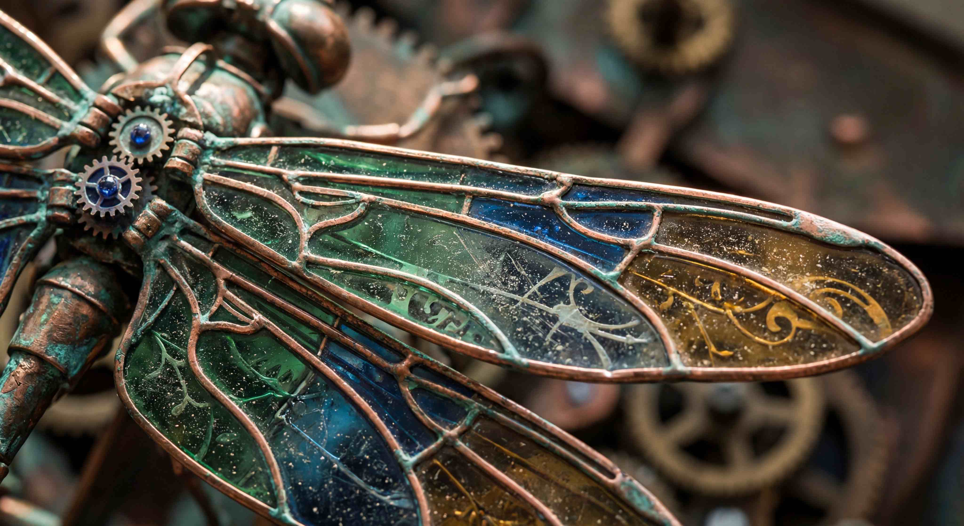 Nano Banana 2 AI-generated steampunk dragonfly macro, metallic textured wings with intricate gear details