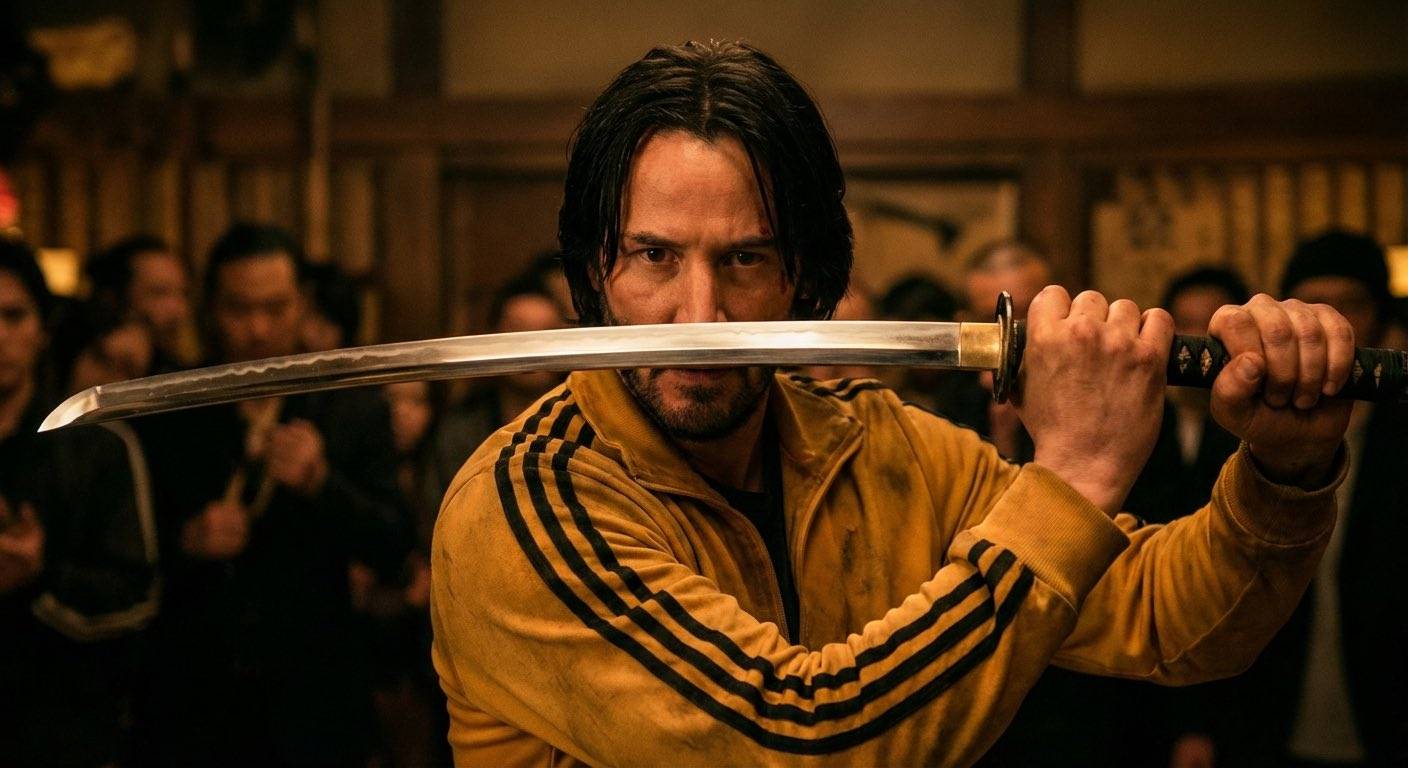 Nano Banana 2 AI-generated cinematic warrior action scene, samurai in yellow tracksuit with katana, photographic lighting and rendering