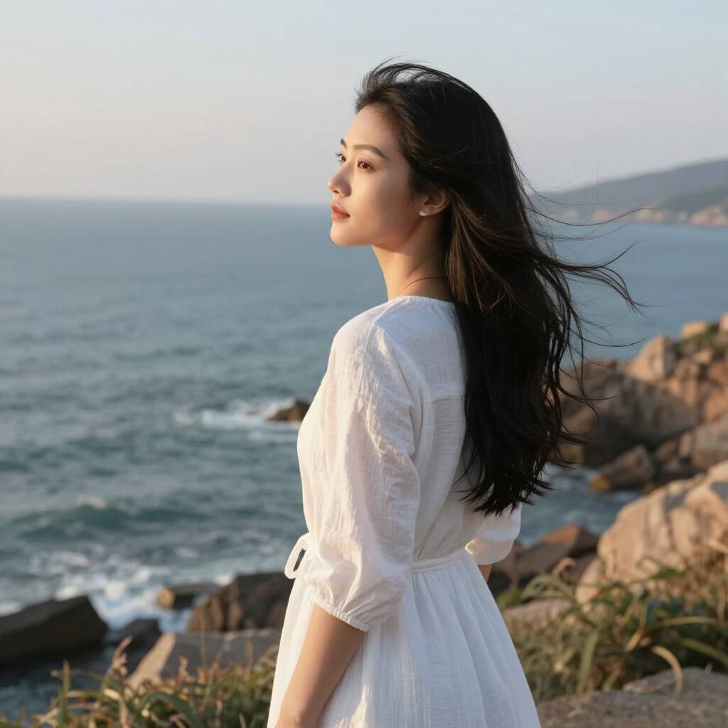 Z image AI generated Asian woman portrait at coastal cliff during golden hour