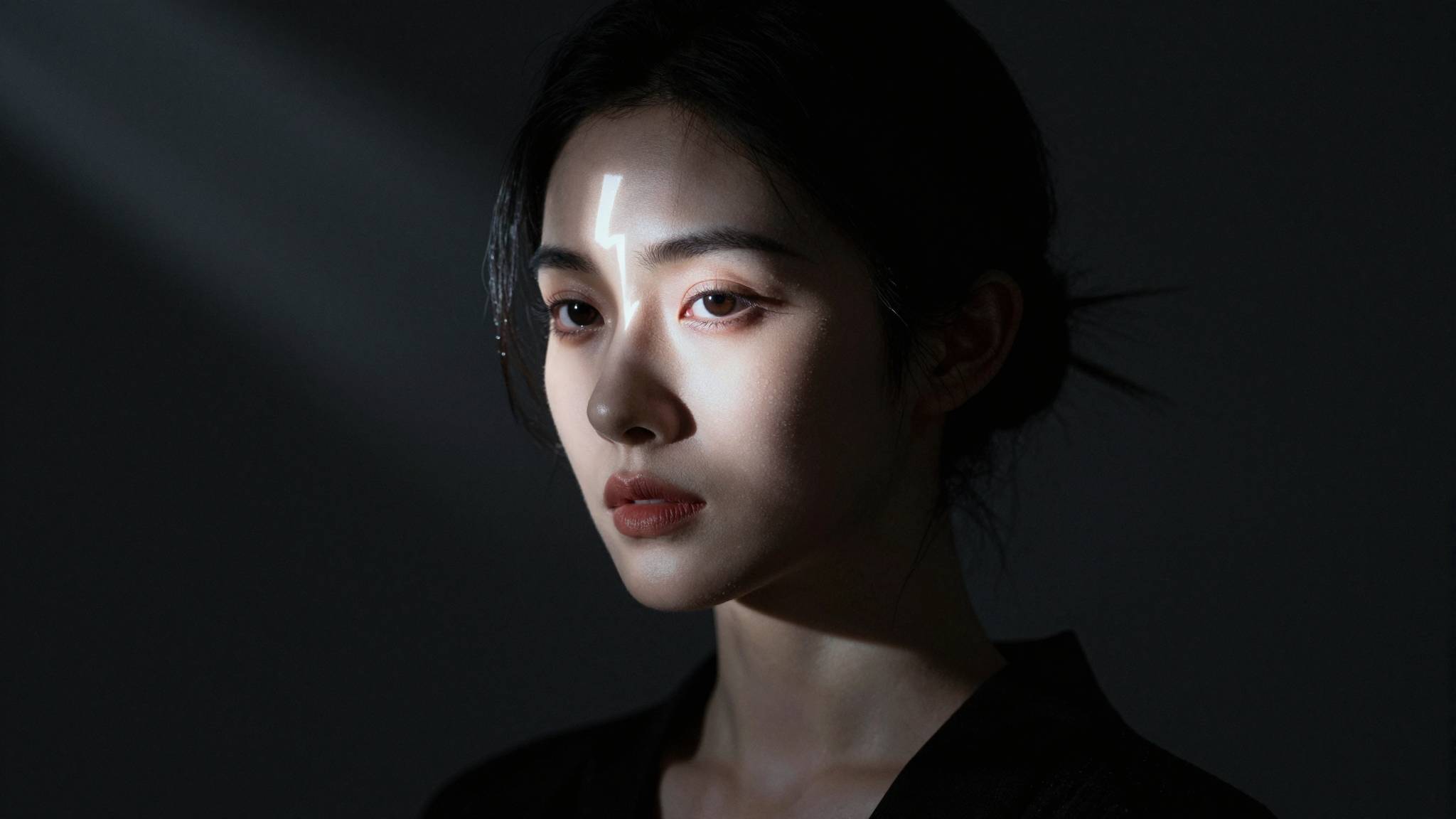 Z image AI generated dramatic dark portrait of elegant Chinese woman with lightning-shaped light shadow on face