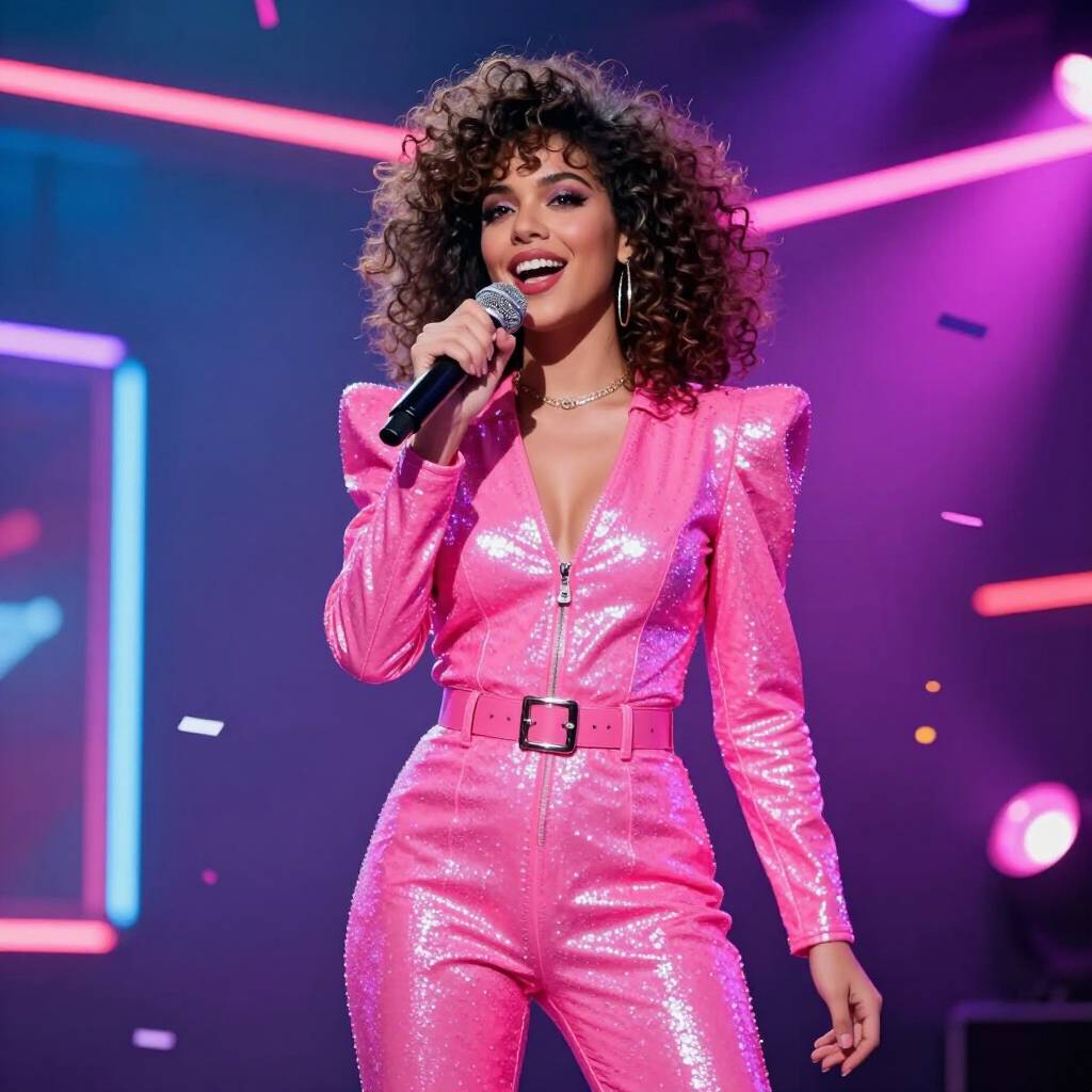 Z image AI generated retro 1980s pop star on neon stage portrait