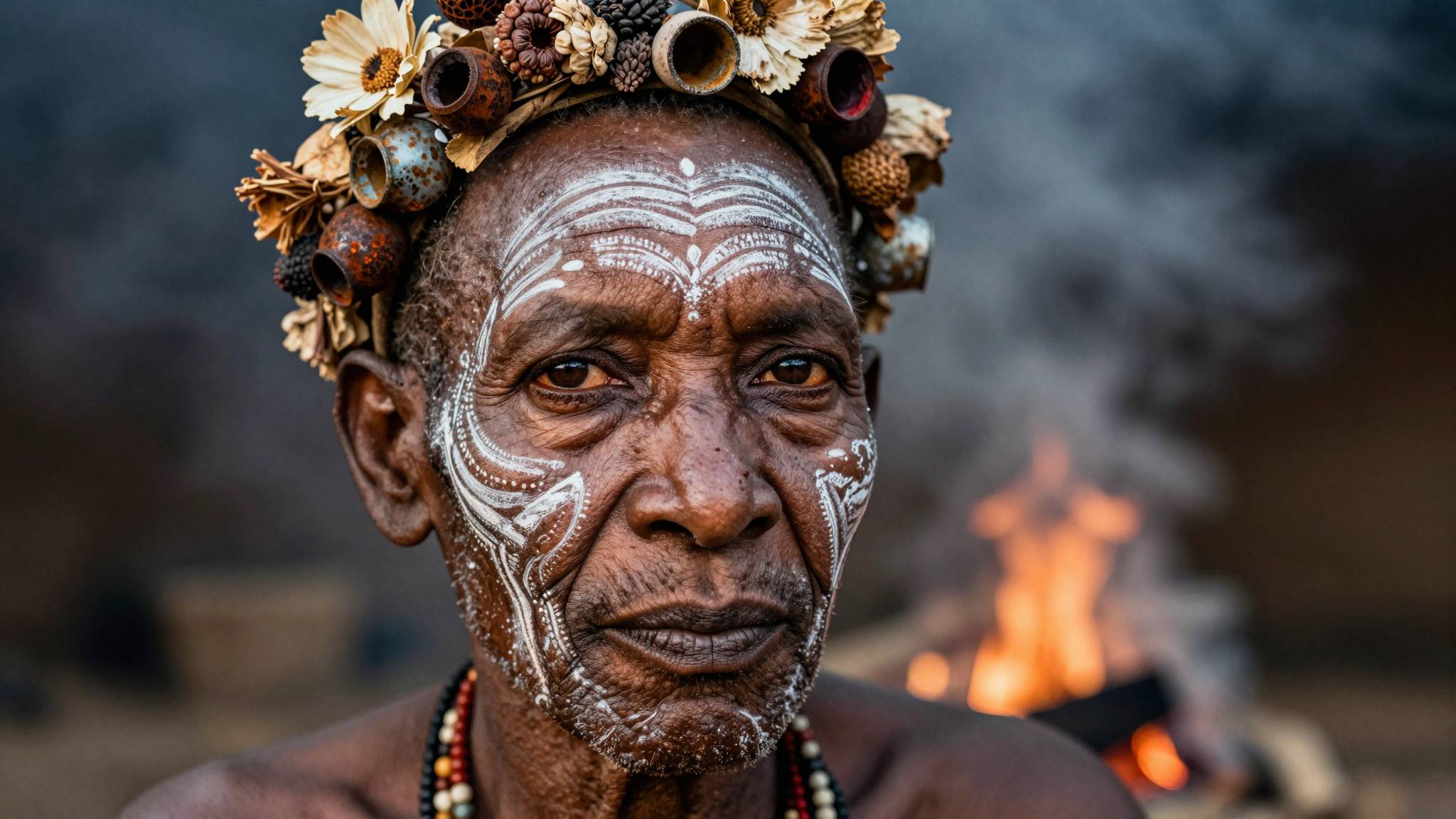 Z image AI generated hyper-realistic tribal elder portrait from Omo Valley with intricate white chalk face patterns and traditional headdress