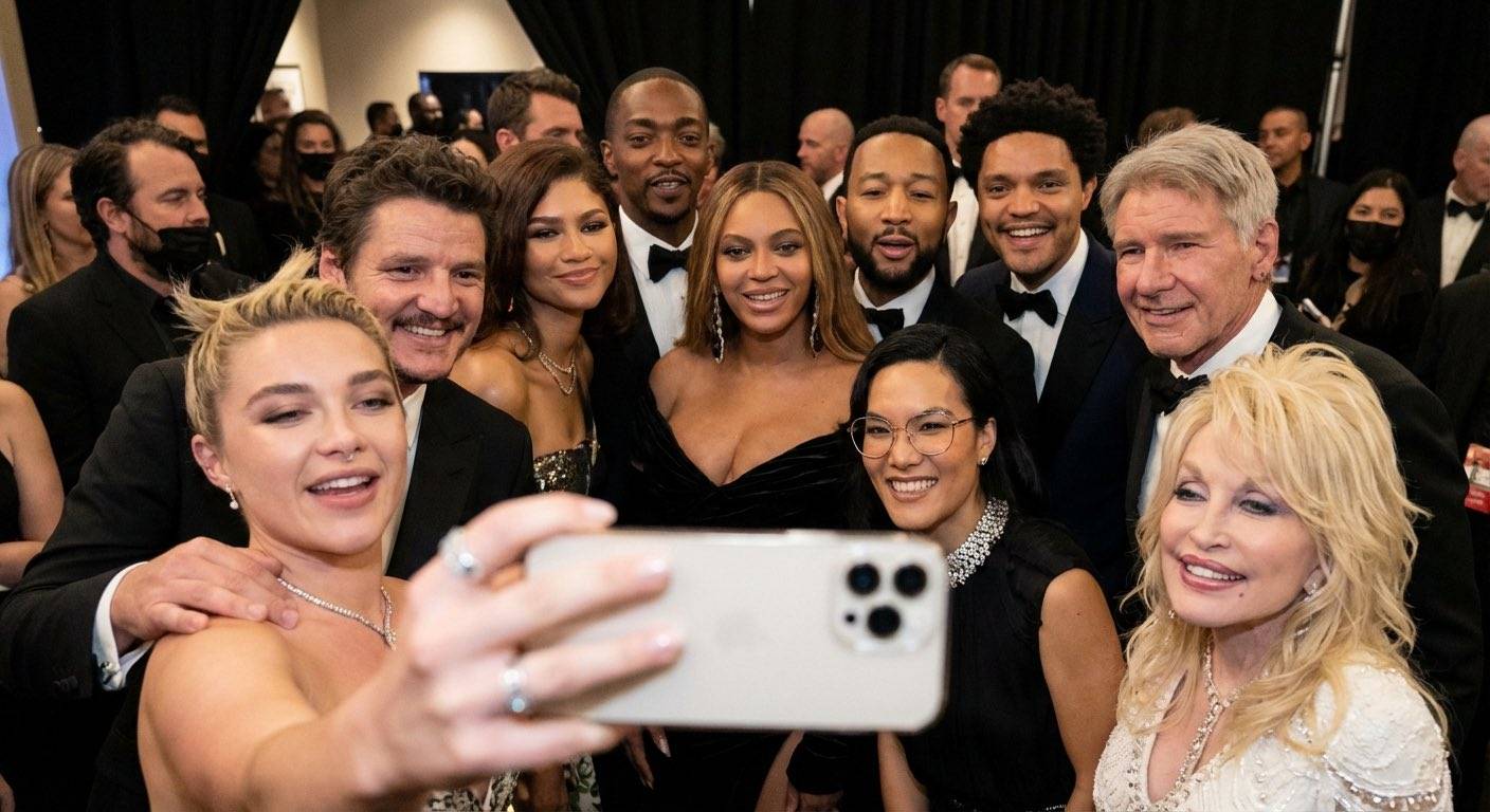 Nano Banana 2 generada por IA: foto detrás del escenario de los premios selfie grupales de celebridades
