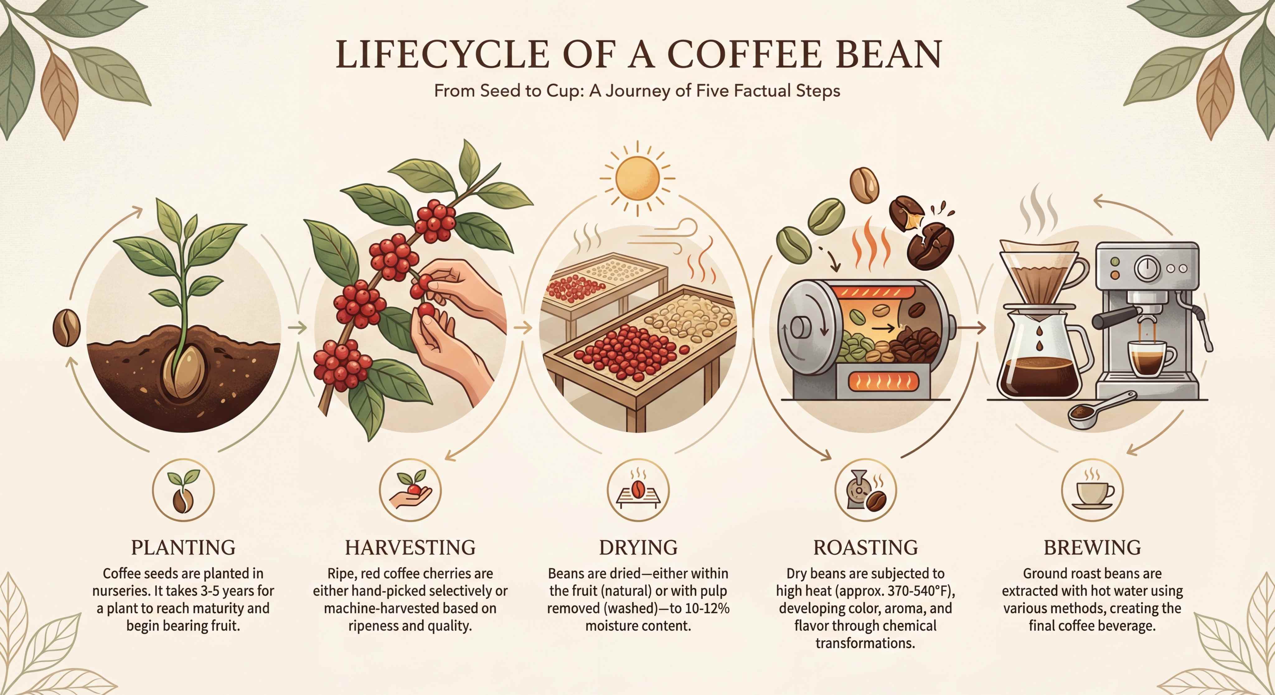 Nano Banana 2 generada por IA: infografía del ciclo de vida del grano de café, desde la semilla hasta la taza
