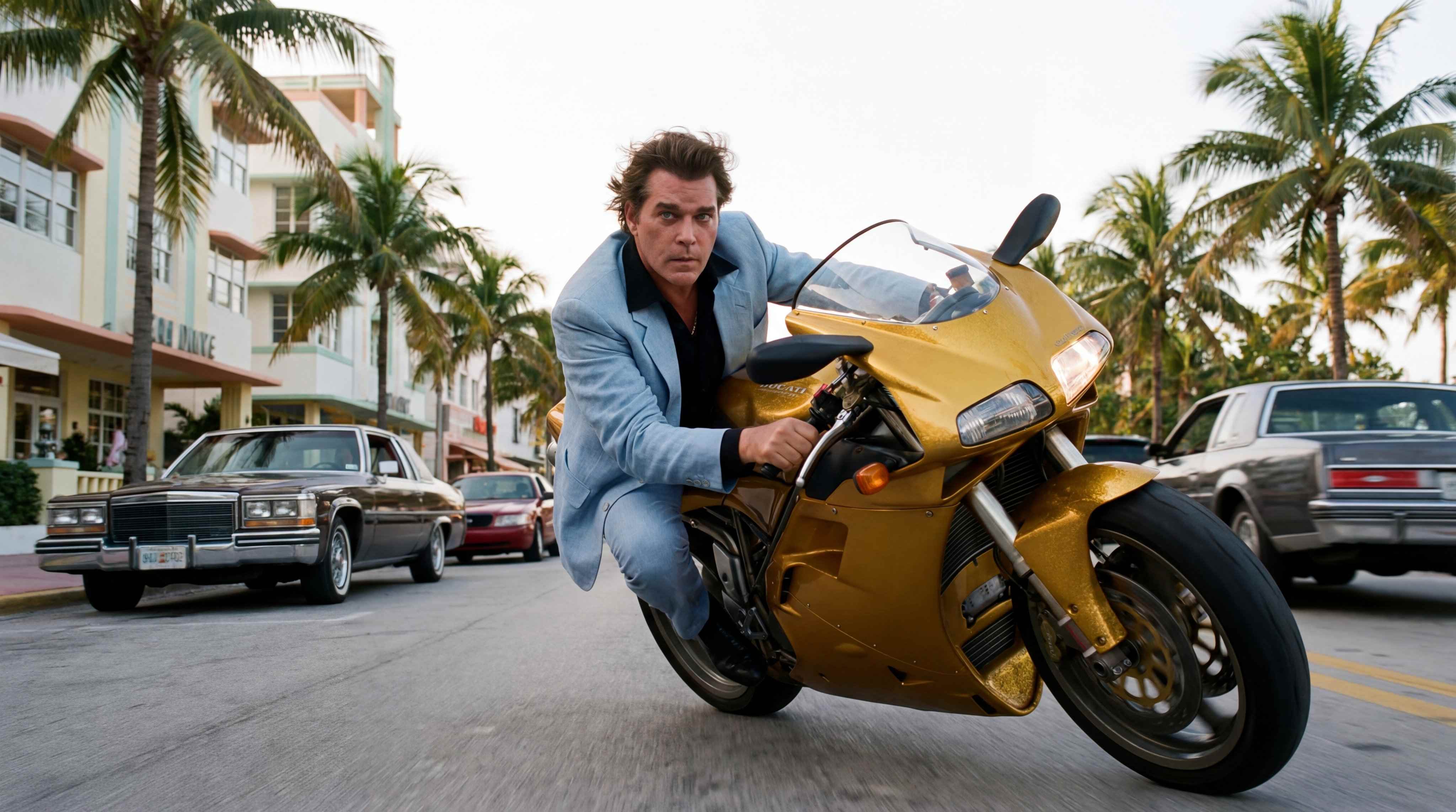 Nano Banana 2 generada por IA: escena de persecución de acción en la playa de Miami con motocicleta dorada