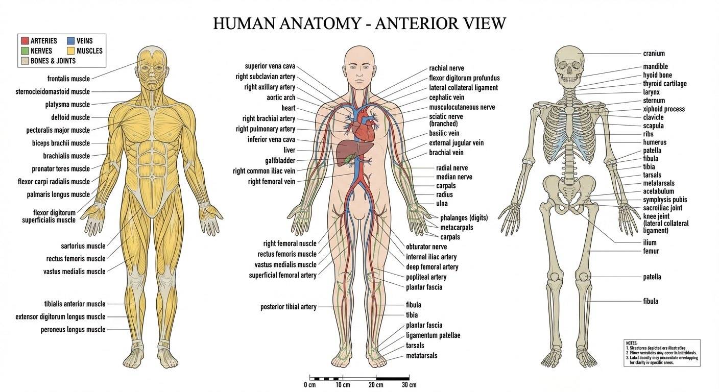 Nano Banana 2 generado por IA - Anatomía humana vista anterior diagrama médico sistema músculo esquelético