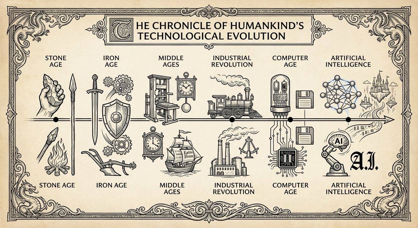 Nano Banana 2 generada por IA: infografía de la línea de tiempo de la evolución de la tecnología humana desde la edad de piedra hasta la IA