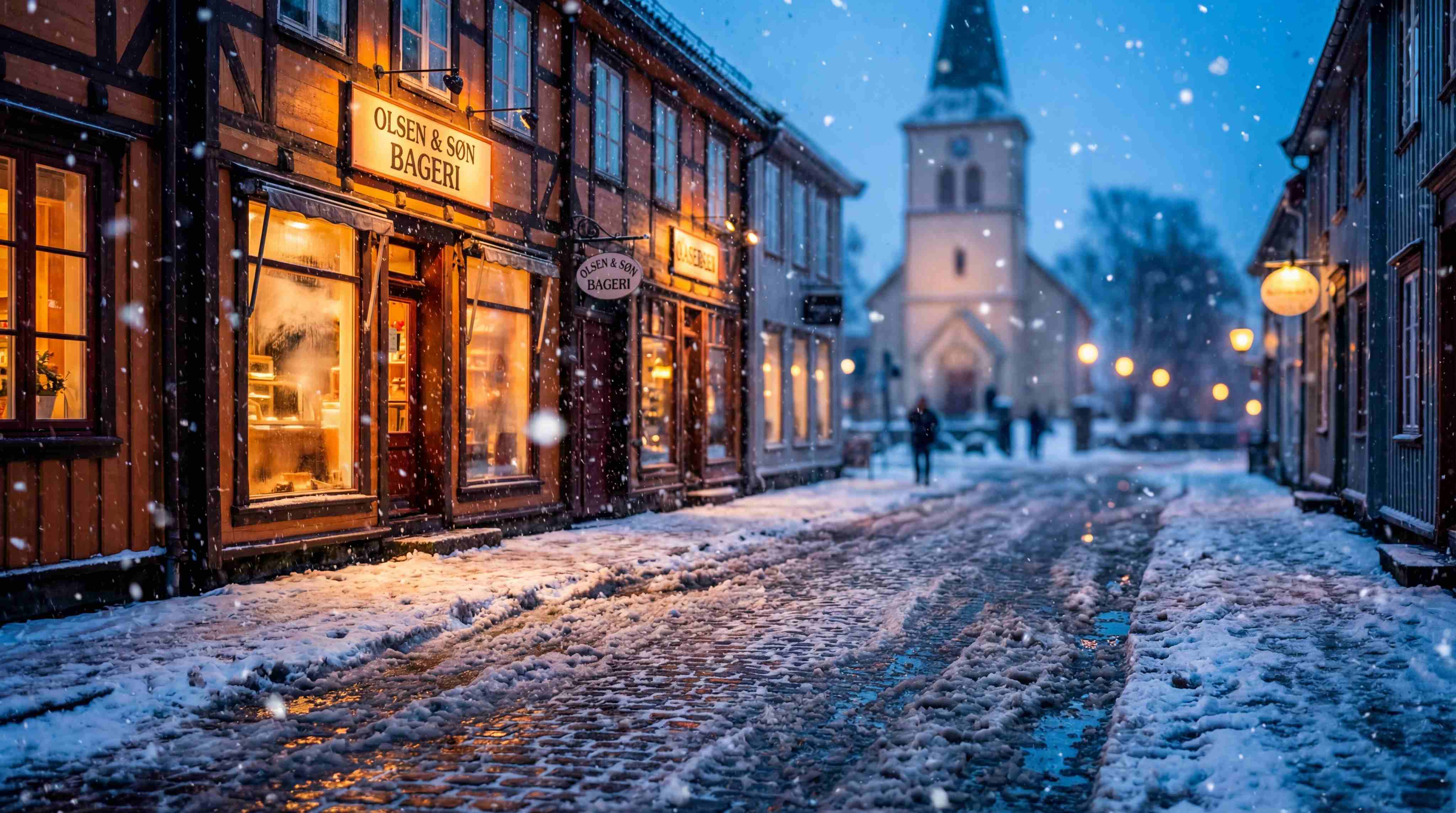 Nano Banana 2 generada por IA: fotografía de una acogedora escena nocturna de una panadería de nieve en una calle nórdica de invierno