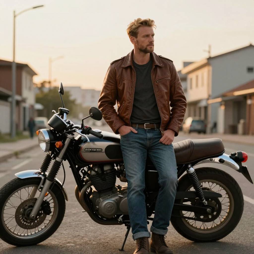 Z image AI generated man with vintage motorcycle urban cinematic portrait